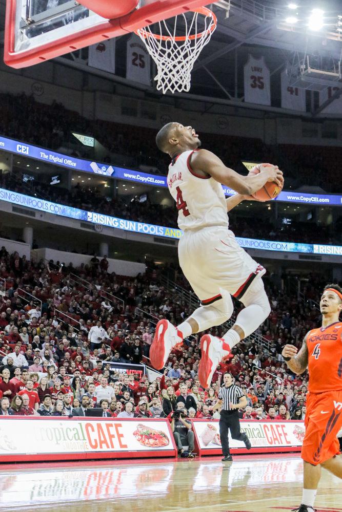 Freshman guard Dennis Smith Jr. goes up for a reverse slam. The Wolfpack dominated Virginia Tech on all sides of the ball in PNC Arena on Jan. 4, 2017 with a 104-78 win, the first ACC win over 100 points since 1991.