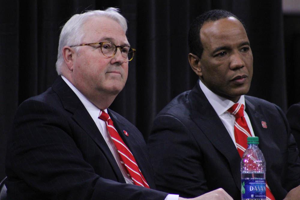 New men's basketball coach Kevin Keatts and Chancellor Randy Woodson take questions during Keatts' introductory press conference in Reynolds Coliseum on Mar. 19. Keatts spoke about his plans for next season and his transition from UNC Wilmington to NC State.