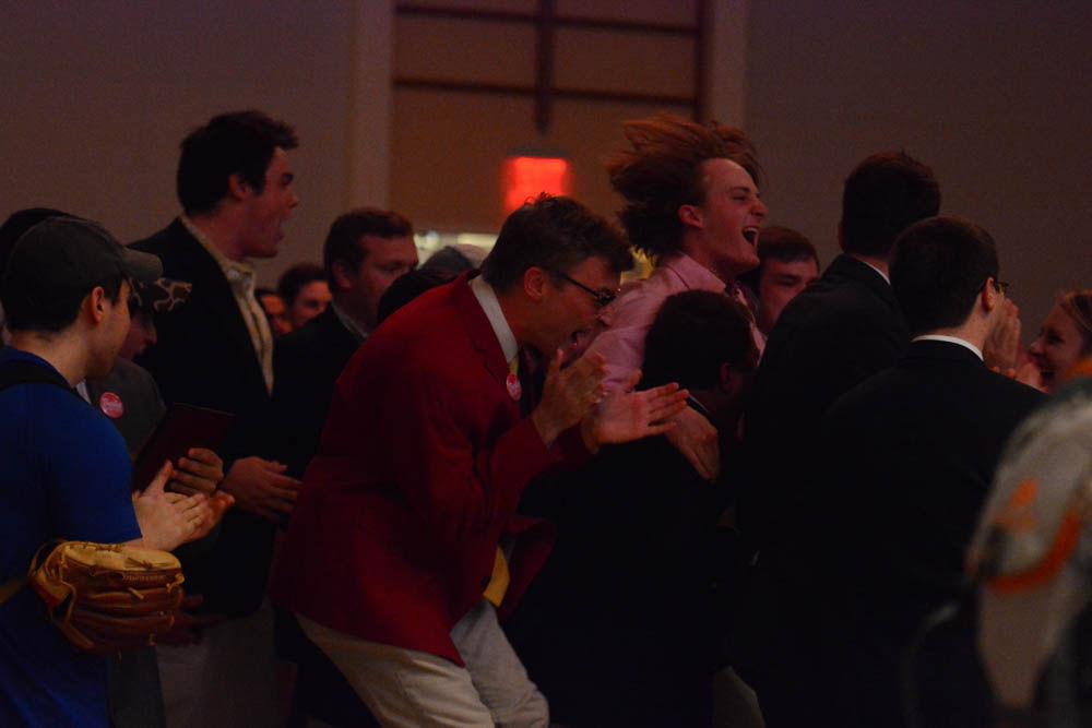 Brad Barbee and his campaign team celebrate when hearing Barbee and his running mate Jack Pashby earn the postion to be in the runoff to become student body president and vice president at Talley Student Union on Tuesday. Barbee and Pashyby will be going against Jackie Gonzalez and Mia Connell, and the winner will be announced on Thursday.