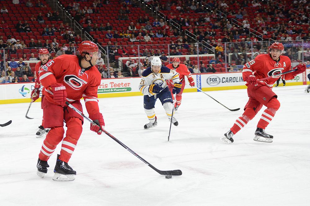 Hurricanes defender Ron Hainsey looks for an open pass during the 5-2 victory over the Sabres on Jan. 13. Hainsey earned one point on an assist to forward Brock McGinn's second period goal.