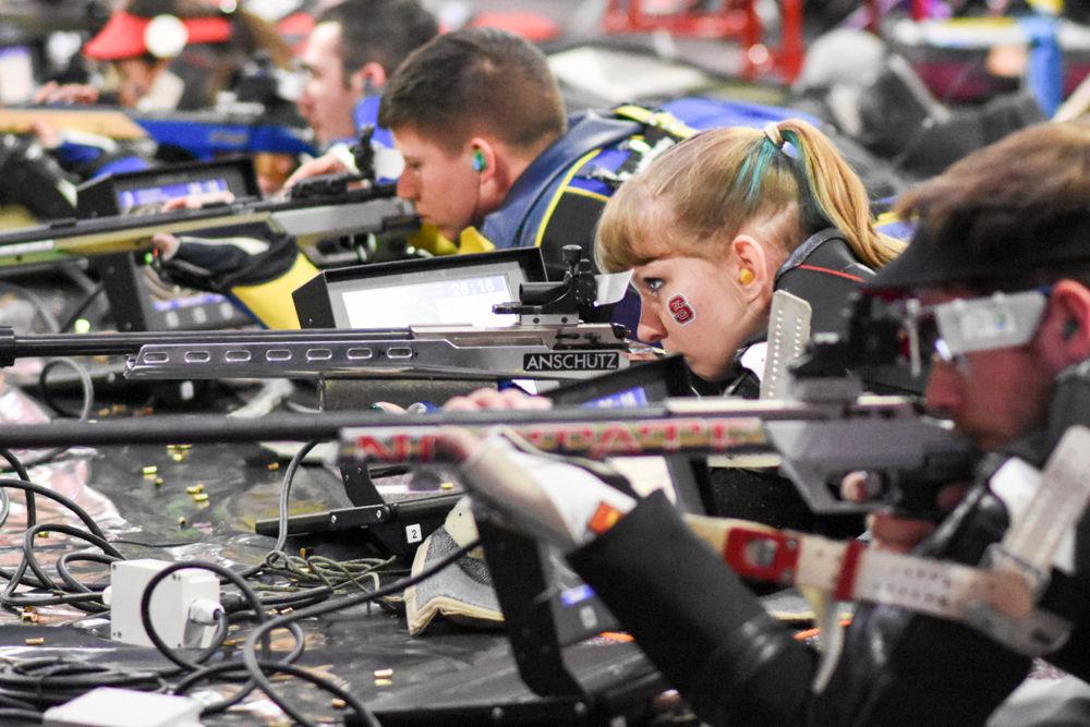 Junior shooter Caitlyn Ford looks through her sights in the Wolfpack's rifle meet against North Georgia on Jan 29. Ford tied with graduate student and teammate Lauren Phillips for the top individual score of the smallbore competition with a 578 clip in the 4657-4547 win at Reynolds Coliseum.