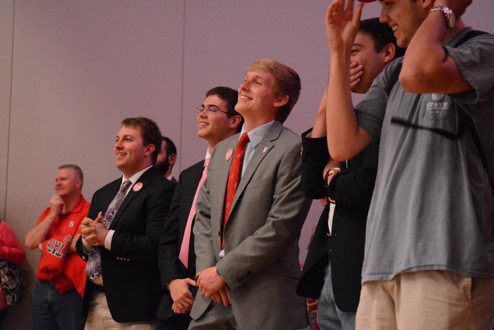 Student Government presidential candidate Brad Barbee and running mate Jack Pashby smile as the winners of the Student Senate seats are announced in Talley Student Union on Tuesday. Barbee and Pashby are both juniors who served previously in Student Government as senators for the College of Sciences and College of Engineering, respectively. Barbee will run against candidate Jackie Gonzalez in a runoff election, with the new Student Government President to be announced Thursday.