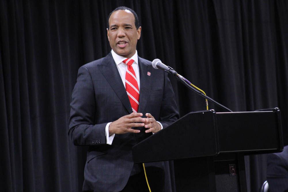 New mens basketball coach Kevin Keatts speaks to the crowd at his introductory press conference in Reynolds Coliseum on Mar. 19, 2017. Keatts spoke about his winning reputation, recruitment, and intentions to personally train his team members next season.