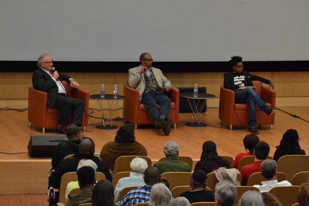 Walt Wolfram, a professor of English linguistics at NC State and the executive producer of "Talking Black in America," leads a panel discussion between the screening audience and two panelists, Shirlette Ammons, who is a poet and musician, and Kwesi Craig C. Brookins, an associate professor of psychology and Africana studies at NC State, in the James B. Hunt Jr. Library Auditorium on Thursday. The documentary will be shown again on Tuesday, April 4 at 7 p.m. followed by another panel discussion.
