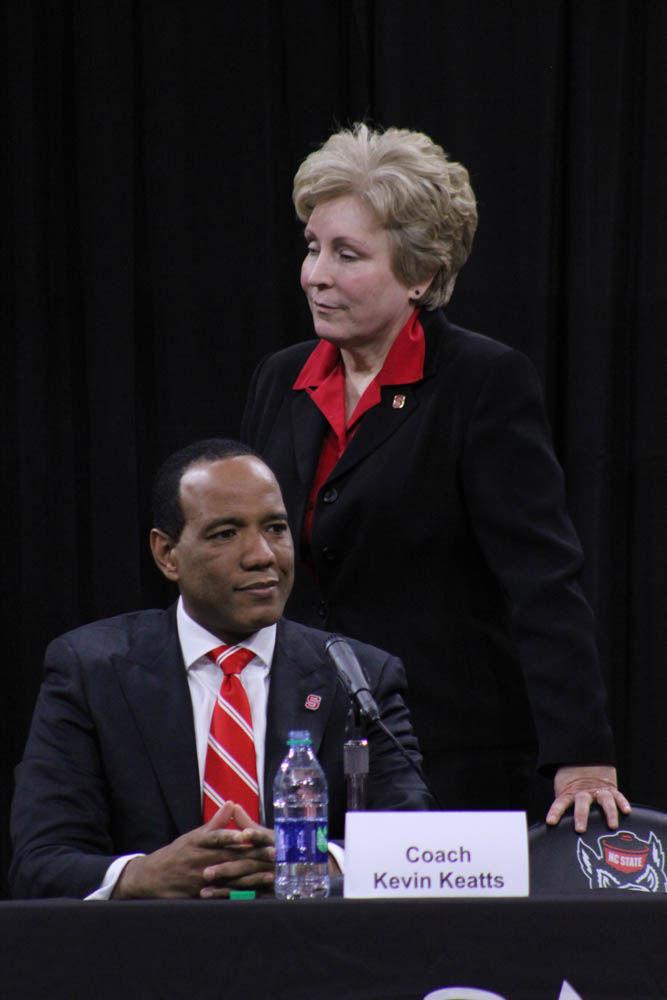 New men's basketball coach Kevin Keatts and Athletic Director Debbie Yow take questions during Keatts' introductory press conference in Reynolds Coliseum on Mar. 19. Keatts spoke about his plans for next season and his transition from UNC Wilmington to NC State.