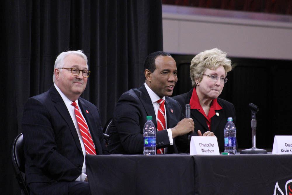 Chancellor Randy Woodson, New men's basketball coach Kevin Keatts, and Athletic Director Debbie Yow address the crowd at Keatt's introductory press conference in Reynolds Coliseum on Mar. 19, 2017. Keatts spoke about his plans for next season and Yow spoke on the reasoning behind Keatts' hiring.