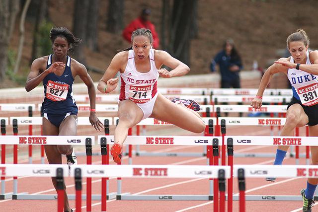 Senior hurdler Alexis Perry flies past the rest of her competitors in the 100m hurdles final during the 2016 Raleigh Relays at Derr Track on March 26, 2016. Simmons won the race with a final time of 13.23s, just shy of her personal best of 13.18 which she ran in the previous day's prelims.