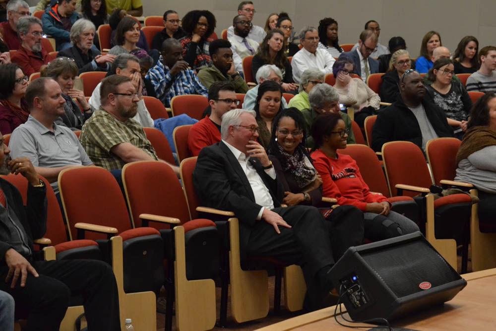 Chancellor Randy Woodson and Jamila Simpson, the assistant dean for diversity and student services in the college of sciences, attend the premiere of "Talking Black in America" in the James B. Hunt Jr. Library Auditorium on Thursday. The documentary was produced by the Language and Life Project at NC State.