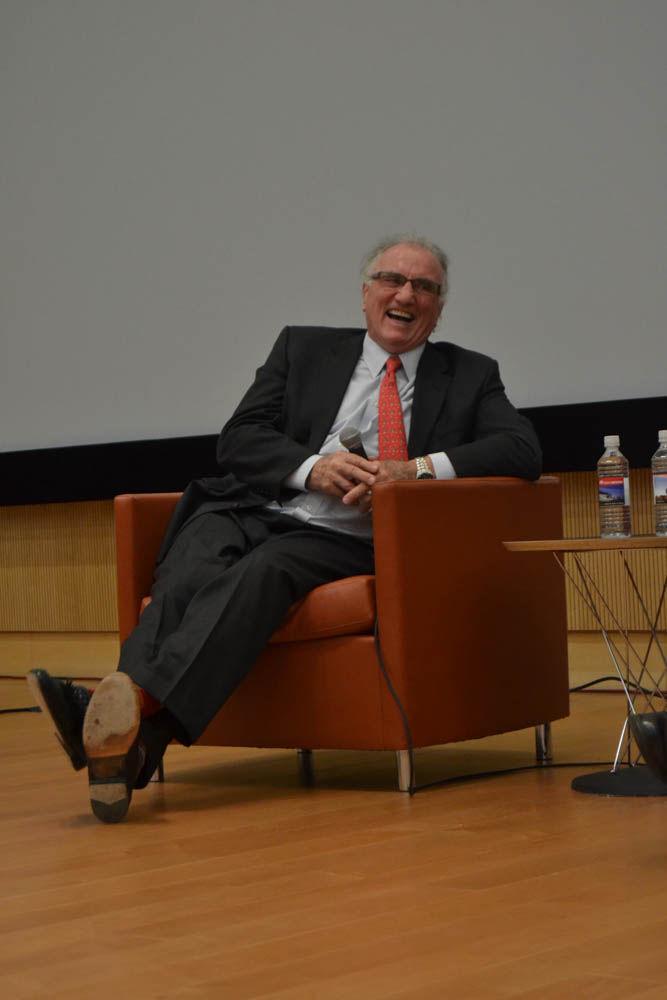 Walt Wolfram, a professor of English linguistics at NC State and the executive producer of "Talking Black in America," leads a panel discussion between the screening audience and two panelists: Shirlette Ammons, a poet and musician, and Kwesi Craig C. Brookins, an associate professor of psychology and Africana studies at NC State, in the James B. Hunt Jr. Library Auditorium on Thursday. The documentary will be shown again on Tuesday, April 4 at 7 p.m. followed by another panel discussion.