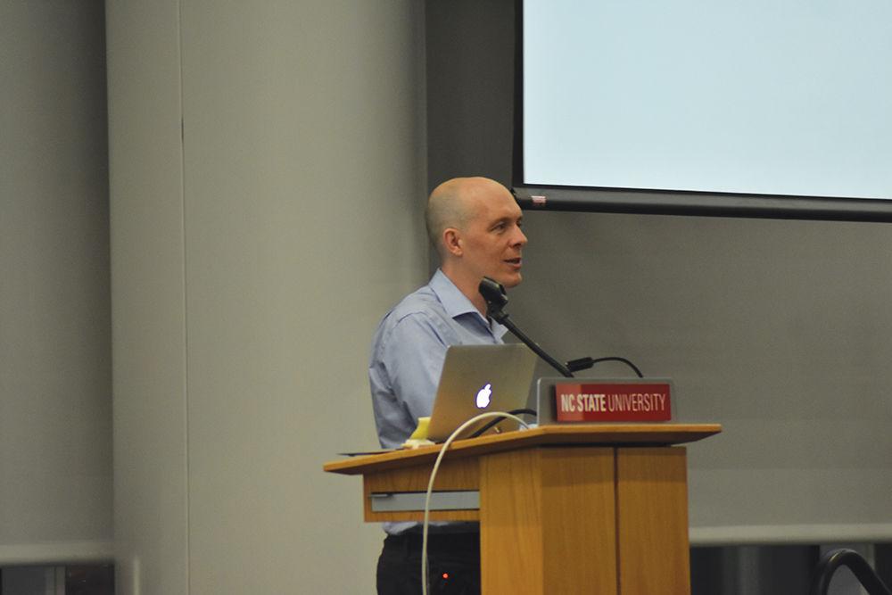 Author and scientist, Dr. Rob Dunn, launches his new book, "Never Out of Season," a book on crop biology, during a launch event at the James B. Hunt Jr. Library on Thursday, March 16, 2017. Dr. Dunn is a professor in the Department of Applied Ecology at NC State University and in the Natural History Museum of Denmark at the University of Copenhagen.