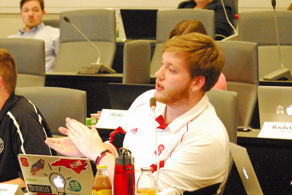 Coleman Simpson, a junior studying agricultural education, explains his views on the proposed open carry bill at the Student Senate meeting in Talley Student Union Wednesday. The bill was deemed necessary for discussion on the senate floor by a majority vote.&#160;