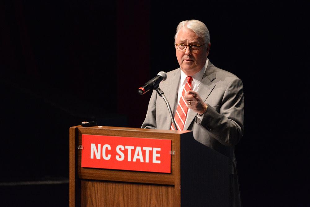 Chancellor Randy Woodson addresses students and faculty at the Campus Diversity Conversation held in Stewart Theatre March 1.&#160;