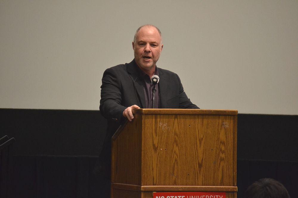 Author, filmmaker, scholar and artist Jackson Katz speaks to NC State students about gender, race and violence in Witherspoon Cinema on Tuesday. Katz is known internationally for his scholarships, activism and movement of getting men to promote gender equality and prevent gender violence.