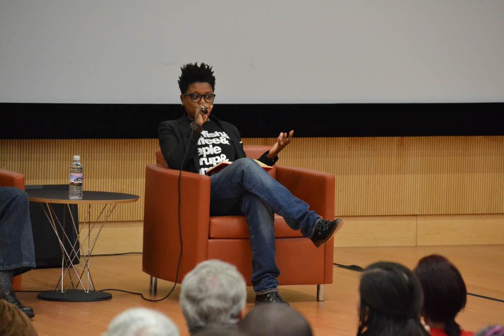 Guest panelist Shirlette Ammons answers questions from the audience after the premiere of "Talking Black in America" in the James B. Hunt Jr. Library Auditorium on Thursday. Ammons is a poet and musician based in Durham.