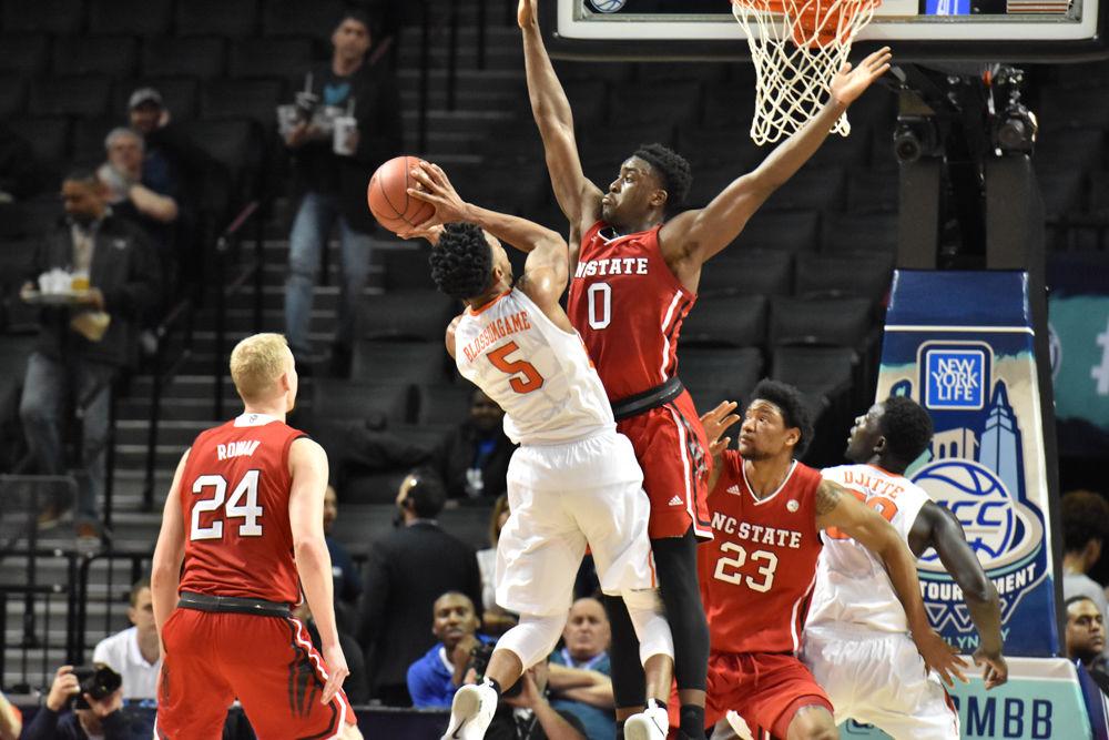 Abdul-Malik Abu goes up to block a shot in Barclays Center during the first round of the ACC Tournament on March 7. Abu Scored 14 points and fought hard, but the Pack was defeated, 75-61.