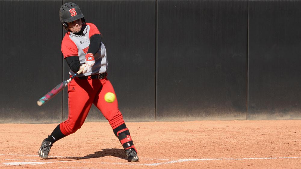 Freshman pitcher Peyton Silverman slams a ball into right field during the game against Lehigh on March 3. Silverman pitched every inning in the first game of their double header at Dail Stadium. The Wolfpack lost 5-4 in extra innings.&#160;