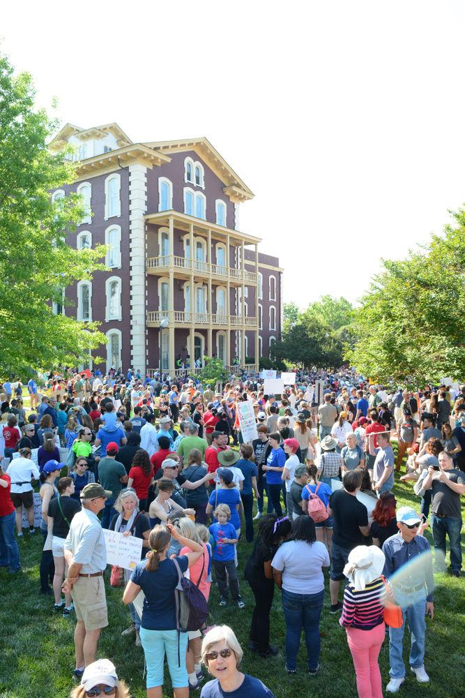 Marchers gather at Shaw University in preparation for the first ever Raleigh March for Science held on Earth Day, April 22, 2017. The march followed a path from it's starting point at Shaw through downtown Raleigh to Moore Square, where it culminated with a community science fair and messages from a number of speakers.