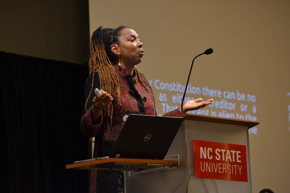 Professor Kimberl&#233; Crenshaw speaks on the meaning and importance of intersectionality, a term she coined, in Talley Student Union on Tuesday. Crenshaw is a professor of law at UCLA and Columbia Law School, and is a specialist in civil rights, Black feminist legal theory and racism and the law.