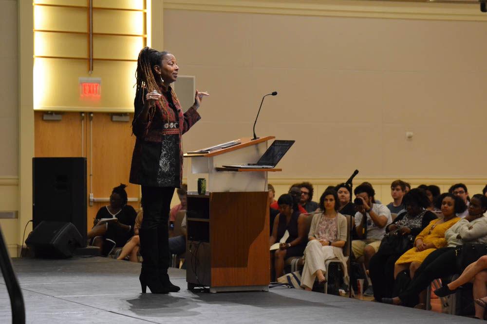 Professor Kimberl&#233; Crenshaw speaks on the meaning and importance of intersectionality, a term she coined, in Talley Student Union on Tuesday. Crenshaw is a professor of law at UCLA and Columbia Law School, and is a specialist in civil rights, Black feminist legal theory and racism and the law.