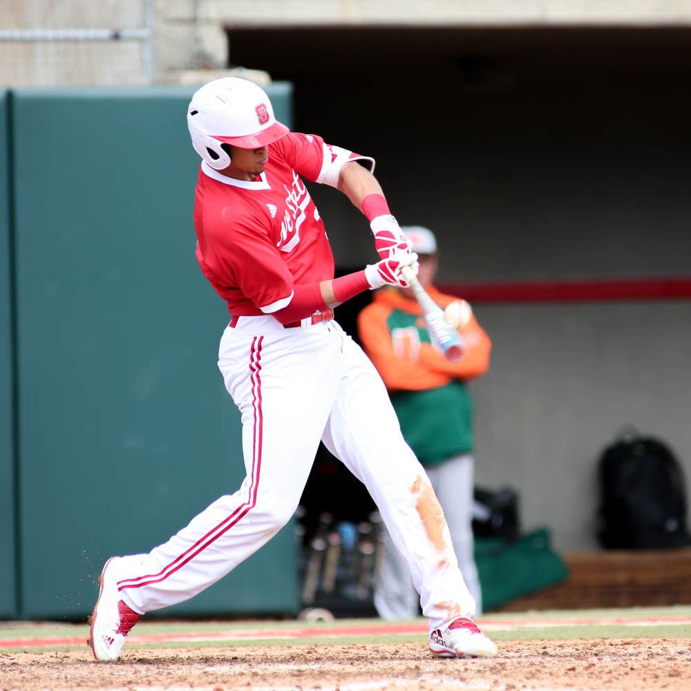 Junior infielder Joe Dunand connects with the ball during the 7-5 loss to Miami on March 19th, 2017 on Doak Field.