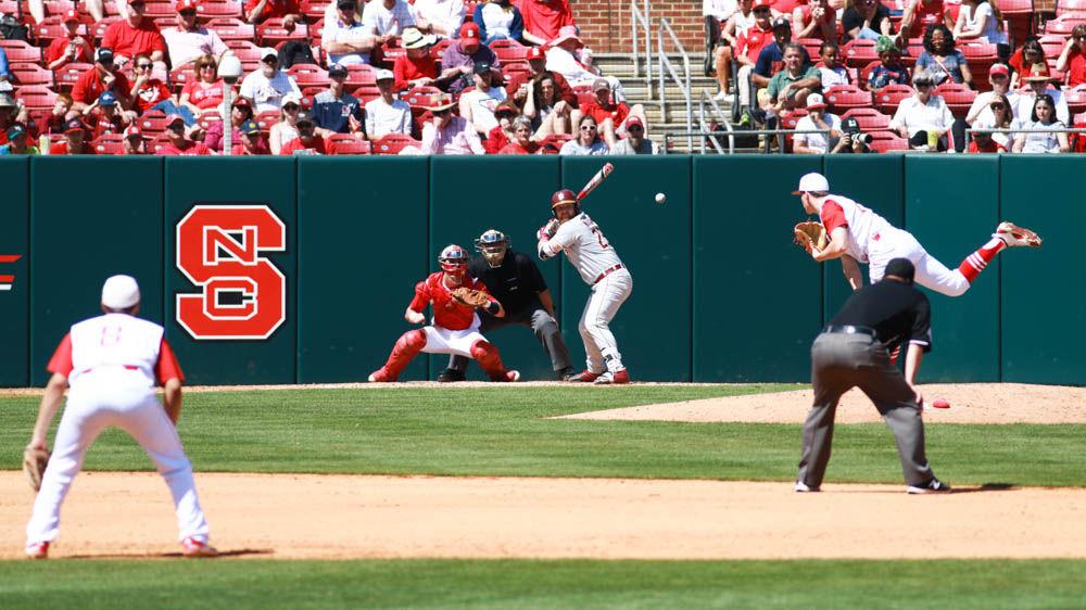 Freshman pitcher Michael Bienlien throws a pitch in the Wolfpack's 8-4 win over Florida State on April, 9 2017. Bienlien struck out three batters and allowed just 3 hits in six innings pitched to improve his record to 2-1 on the year.