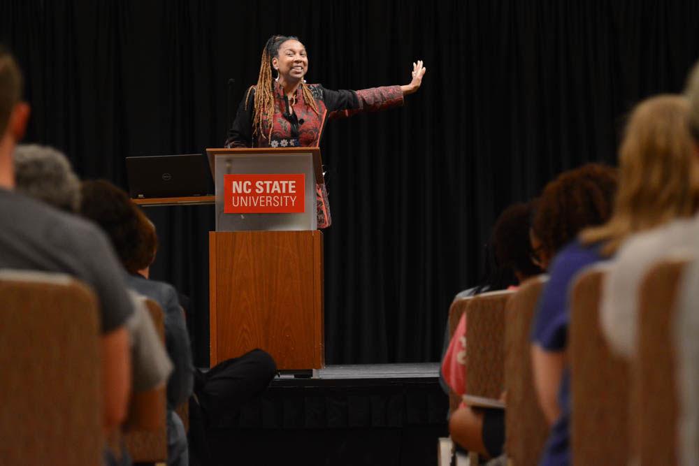 Kimberl&#233; Crenshaw, professor of law at UCLA and Columbia Law School, speaks to a large crowd in Talley Student Union on April 4, 2017. Crenshaw discussed the history of racial injustice in America and the struggle for equality in access to education, among other issues faced by people of color. She told the story of efforts to provide curriculum at institutions of higher learning that minorities wished to see, saying "[w]hat we could not understand is why people didn't understand that we were doing in these institutions was simply the intellectual equivalent of sitting in at the lunch counter. You sit in at the site of your oppression."