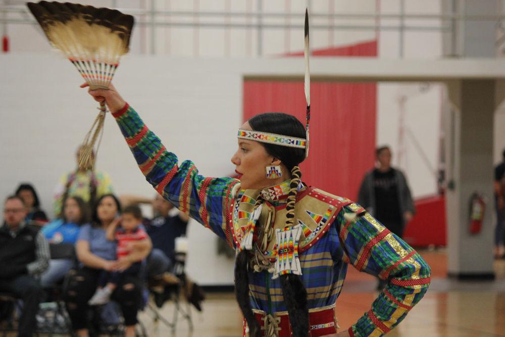 Erica Isennock of the Rosebud Sioux tribe participates in the dance competition at Pow-wow Saturday, April 1, 2017. Pow-wow is an event with dancing food, and venders that honors Native American culture. This is the 27th annual event.