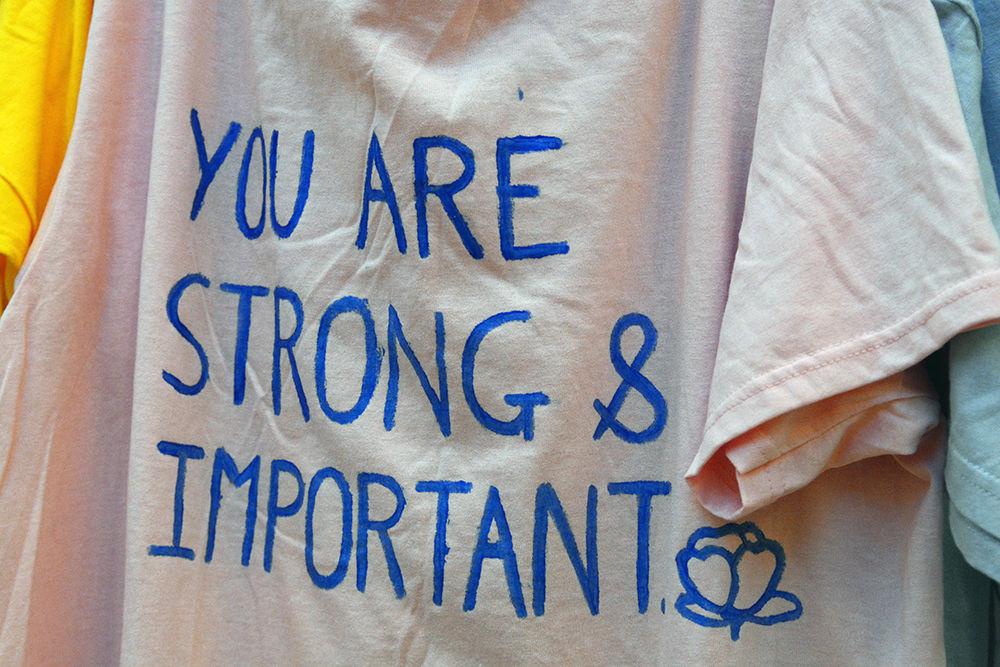 A T-shirt hangs in Mountains Ballroom in a display apart of the Take Back the Night event on Wednesday. The Women's Center hosted the event to end rape culture and support assault survivors.&#160;
