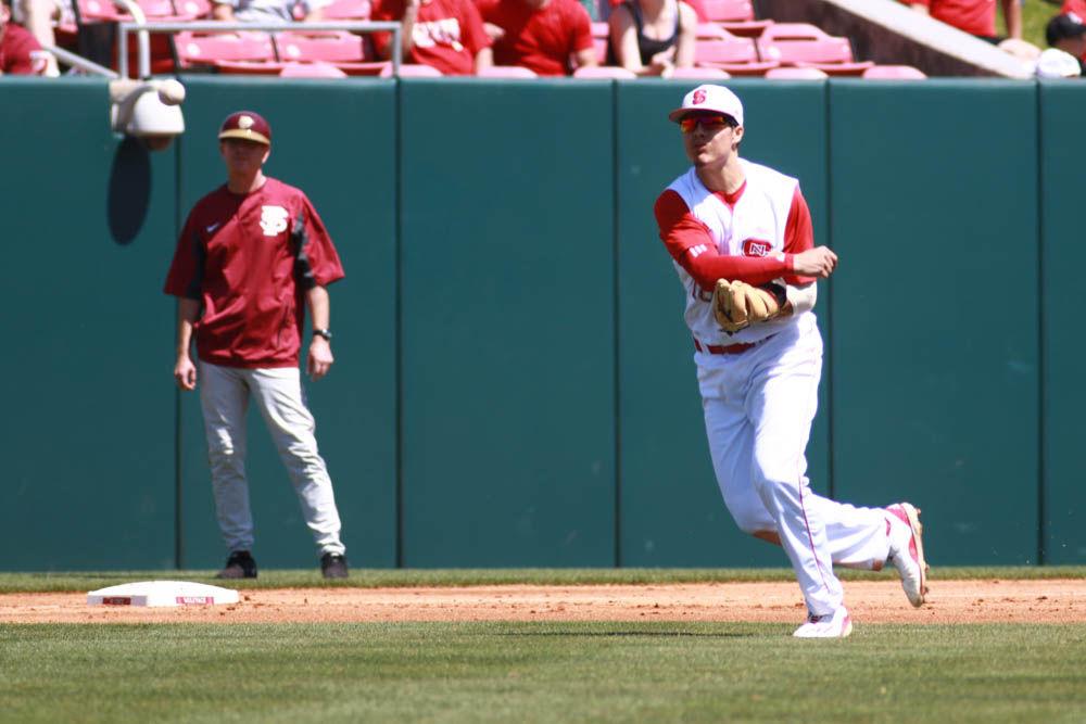 Junior third baseman Evan Mendoza fires the ball back to first base after fielding a grounder in the Wolfpack's 8-4 win over Florida State on April 9, 2017 at Doak Field.
