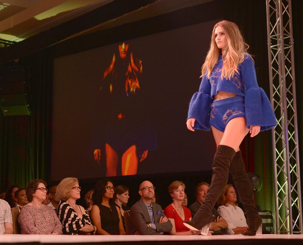 Sophie Wiseman-Floyd, a junior studying industrial design, models the Nyclatops collection by Quinan Dalton, a senior studying art and design during Art2Wear in Talley Ballroom on Friday. The 16th annual Art2Wear show had the theme of "The Art of Deja Vu."&#160;
