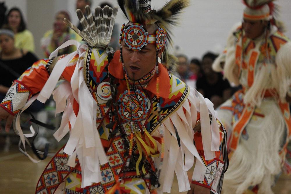 Josh Richardson of the Haliwa-Saponi tribe competes in the dance competition during Pow-wow Saturday, April 1, 2017. Pow-wow is an event with dancing food, and venders that honors Native American culture. The attire worn by the dancers is called Regalia and often takes years to make.