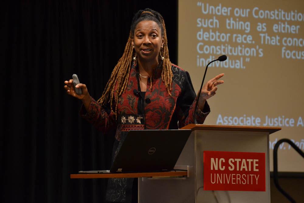 Professor Kimberl&#233; Crenshaw speaks on the meaning and importance of intersectionality, a term she coined, in Talley Student Union on Tuesday. Crenshaw is a professor of law at UCLA and Columbia Law School, and is a specialist in civil rights, Black feminist legal theory and racism and the law.