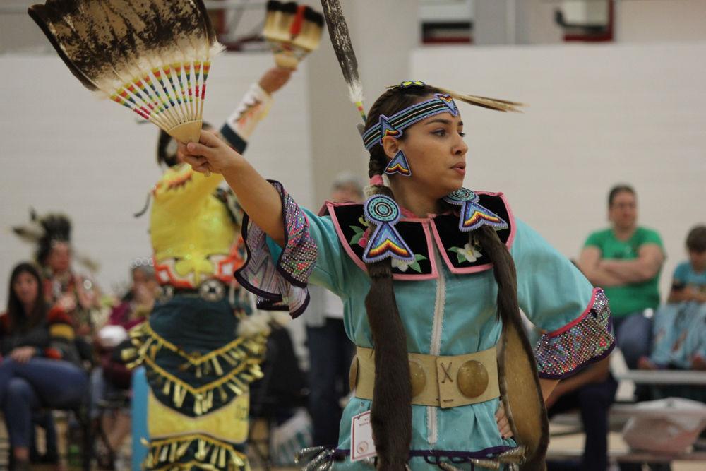 Olivia Richardson of the Haliwa-Saponi competes in the dance competition during Pow-wow Saturday, April 1, 2017. Pow-wow is an event with dancing food, and venders that honors Native American culture. The dancers dance to the beat of drums that bring harmony and balance to them.