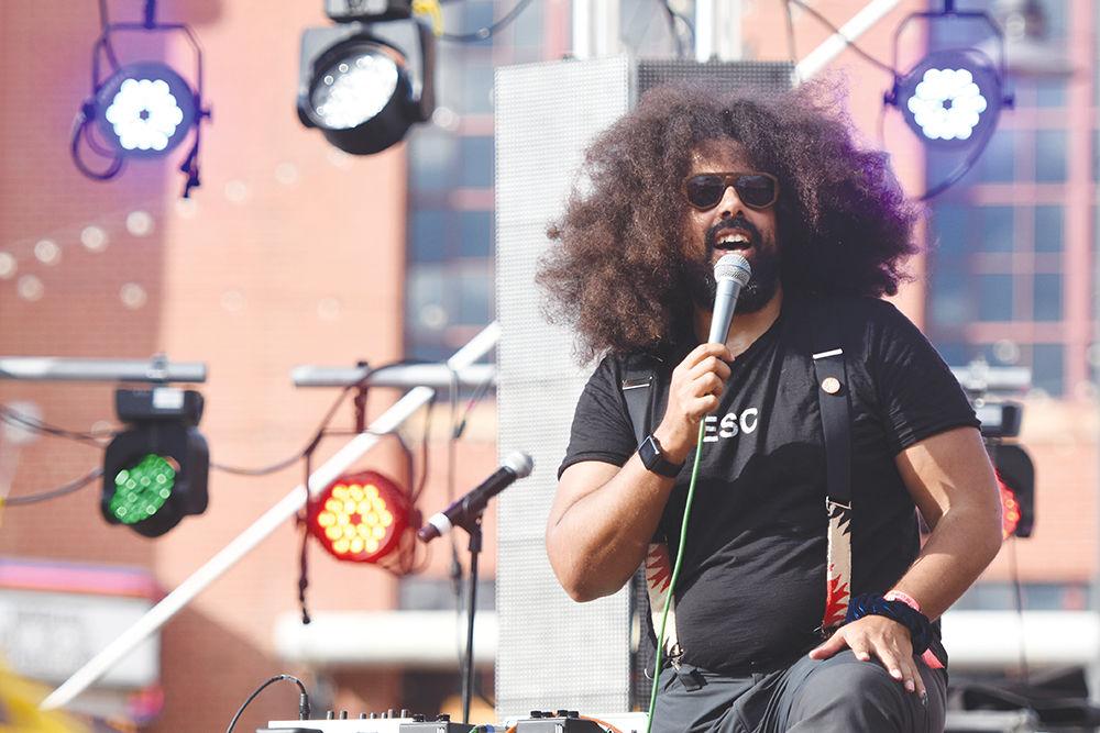 Beatboxer and comedian Reggie Watts performs at the American Tobacco Campus during Moogfest Saturday afternoon. The electronic music festival was held at various venues in downtown Durham and featured over 50 artists from May 19-22.