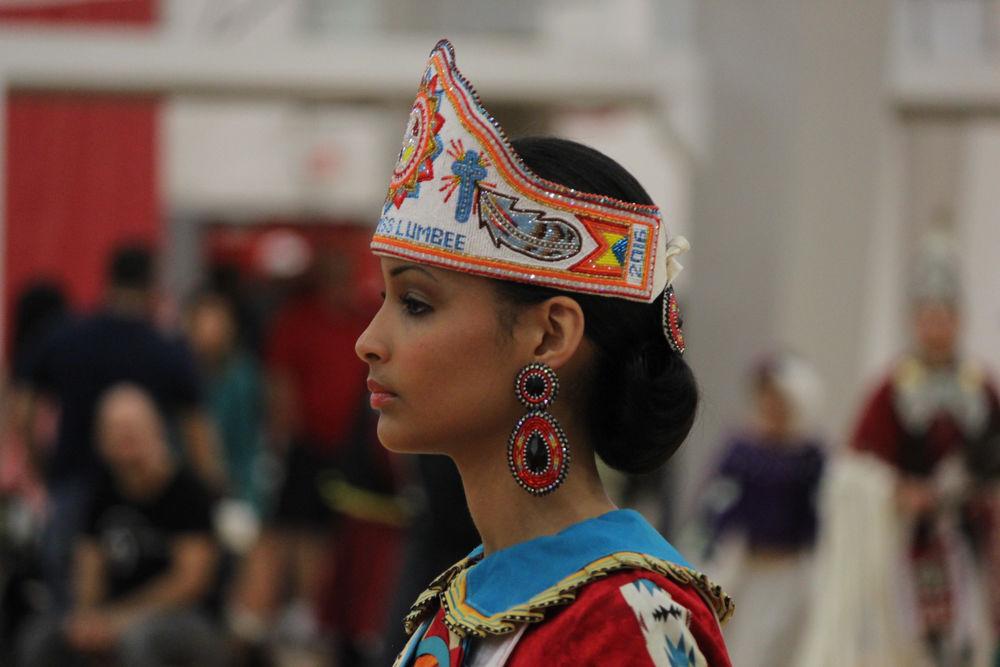 Kaliningrad Walton of the Lumbee tribe competes in the dance competition during Pow-wow Saturday, April 1, 2017. The 27th annual Pow-wow is an event with dancing food, and venders that honors Native American culture.The attire worn by the dancers is called Regalia and often takes years to make.
