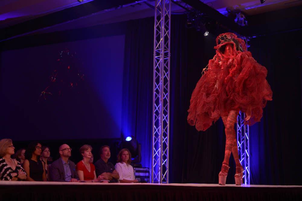 Evan Smith models a design by Jeanna Young during Art2Wear on Friday. Young's line, titled "Delusions of Identity," intended to "show a metamorphosis of vulnerability upon the human form."