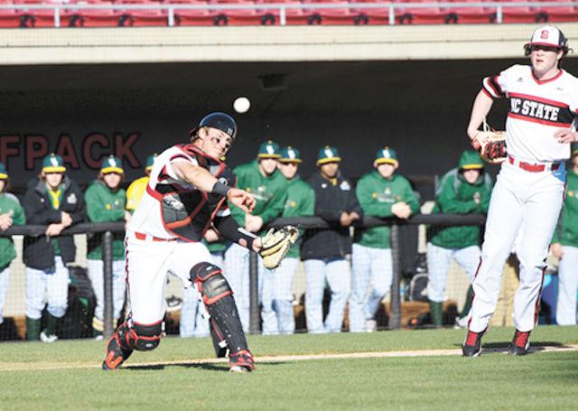 Junior catcher Andrew Knizner fires off a throw to first base after a Wright State batter bunted the ball in the Wolfpack's 10-8 loss on Feb. 26. Knizner posted one run and one hit in the loss at Doak Field.