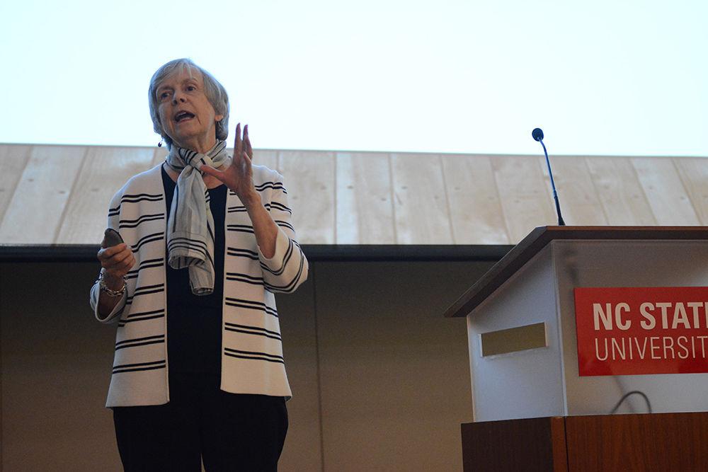 Susan Katz, associate professor of English, delivers her final lecture in Piedmont Ballroom in Talley Student Union Wednesday. Katz was one of three retiring professors that spoke as part of the Student Government Traditions Department's inaugural Last Lecture Series and talked about the importance of taking risks and accepting opportunities as they come in life.