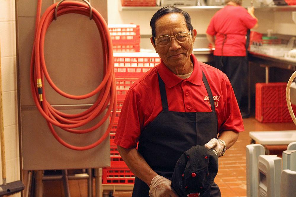 Thai Nay, who immigrated from Vietnam, is a Vietnam War veteran and grandfather of three. The dish room is the workstation at Clark Dining Hall he frequents the most, saying "[the] dish room is easier than war."