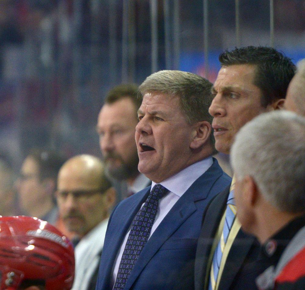 Hurricanes head coach Bill Peters yells from the bench during the Canes' 2-1 victory over the Oilers on Feb. 3 in PNC Arena.