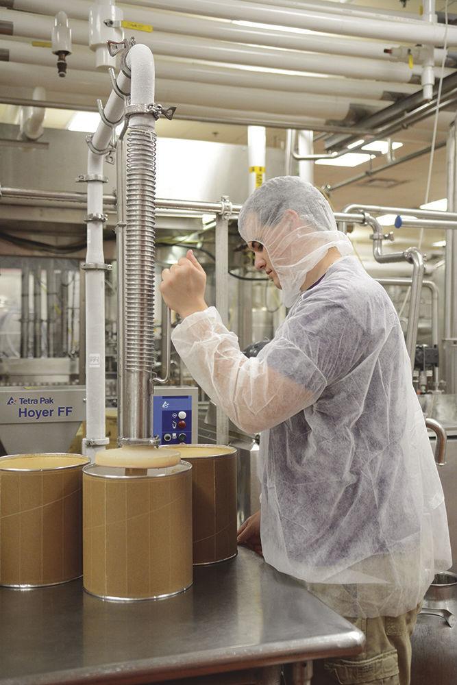 Seth Champion, a sophomore studying natural resources, fills containers with chocolate Howling Cow ice cream in the Robert H. Feldmeier Dairy Processing Lab in Schaub Hall on April 12. The equipment used to fill canisters not only moves ice cream from the tank where it's stirred; the nozzle is also attached to a hopper used to add such things as chocolate chips or cookie dough pieces.