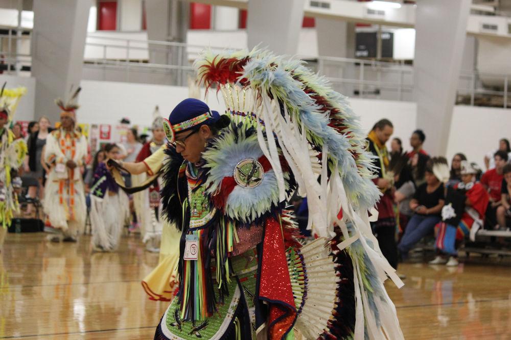 Hunter Burridge of the Coushatta tribe competes in the dance competition at Pow-wow Saturday, April 1, 2017. Pow-wow is an event with dancing food, and venders that honors Native American culture. This is the 27th annual event.