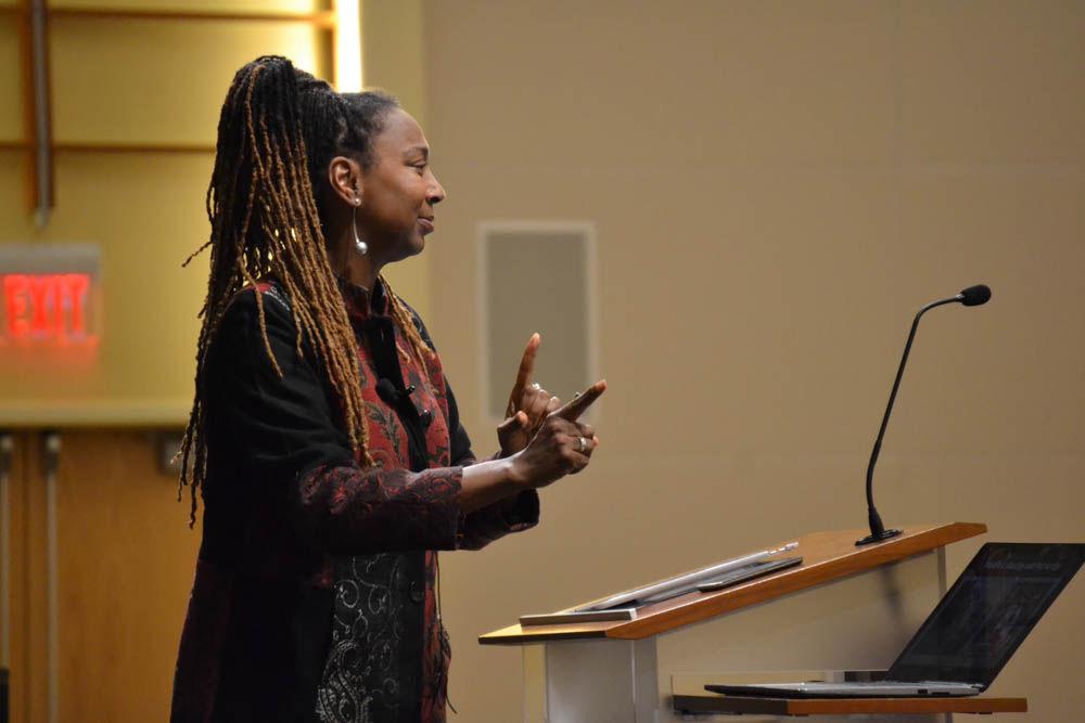 Professor Kimberl&#233; Crenshaw speaks on the meaning and importance of intersectionality, a term she coined, in Talley Student Union on Tuesday. Crenshaw is a professor of law at UCLA and Columbia Law School, and is a specialist in civil rights, Black feminist legal theory and racism and the law.