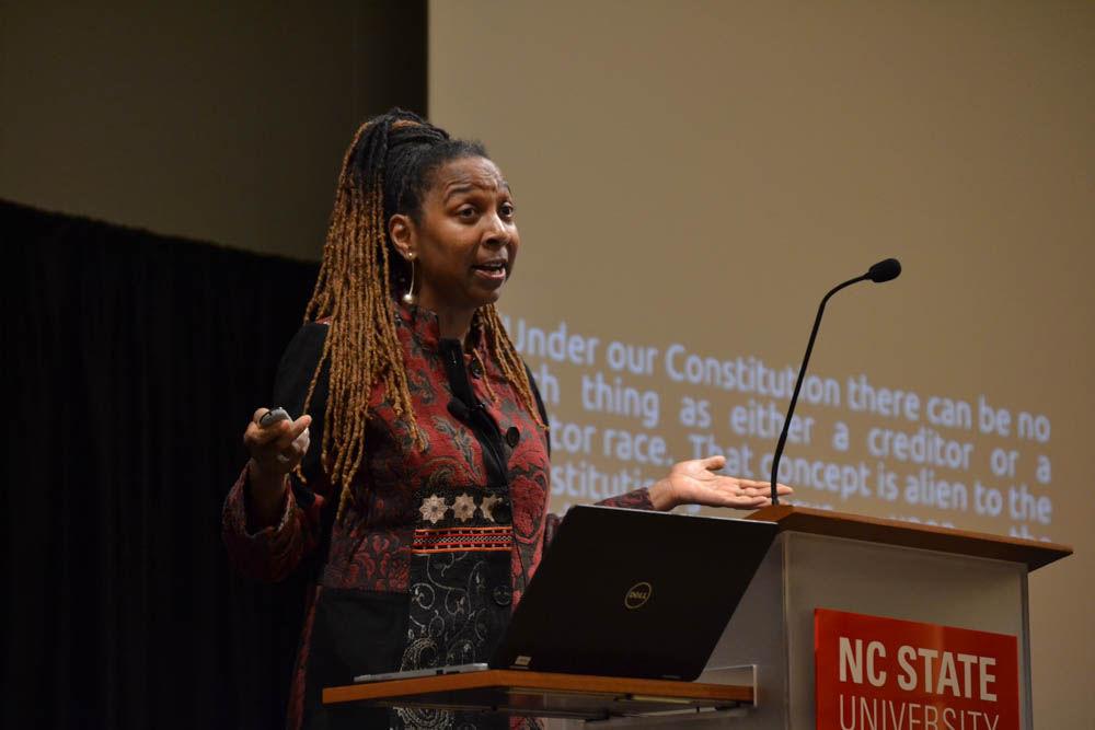 Professor Kimberl&#233; Crenshaw speaks on the meaning and importance of intersectionality, a term she coined, in Talley Student Union on Tuesday. Crenshaw is a professor of law at UCLA and Columbia Law School, and is a specialist in civil rights, Black feminist legal theory and racism and the law.