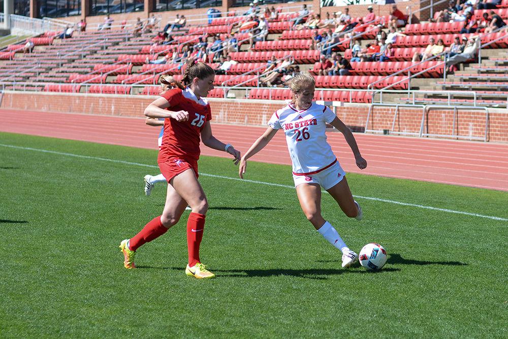 Freshman forward Emma Willard crosses the ball center. The NC State women's soccer team beat Richmond 3-0 at Dail Soccer Stadium.
&#160;