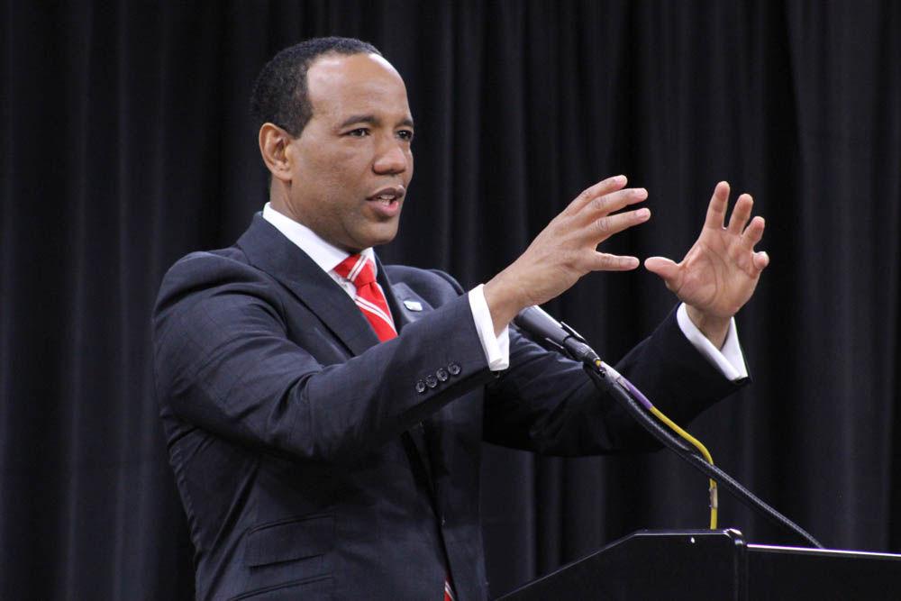 New mens basketball coach Kevin Keatts speaks to the crowd at his introductory press conference in Reynolds Coliseum on Mar. 19, 2017. Keatts spoke about his winning reputation, recruitment, and intentions to personally train his team members next season.