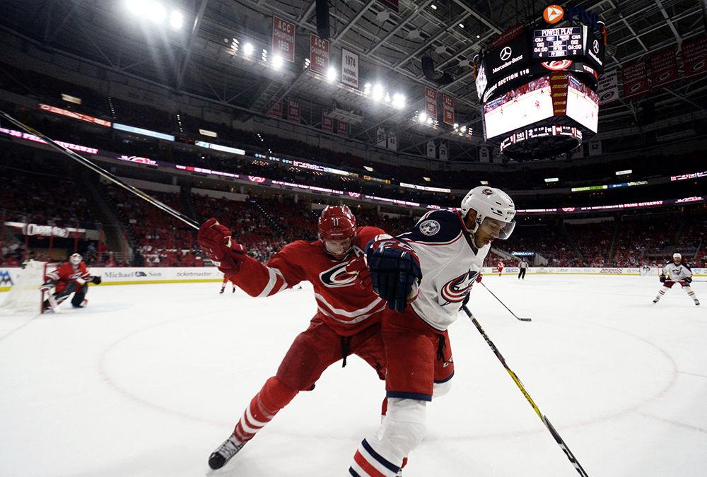 Hurricanes' forward Jordan Staal attacks Blue Jackets' defenseman Seth Jones during the second period on April 2, 2016 at PNC Arena. Jones earned one point during the game with his assist for Boone Jenner's second goal. The Hurricanes eventually fell to the Blue Jackets 5-1, thus eliminating the Hurricanes' playoff chances for the seventh consecutive season.&#160;