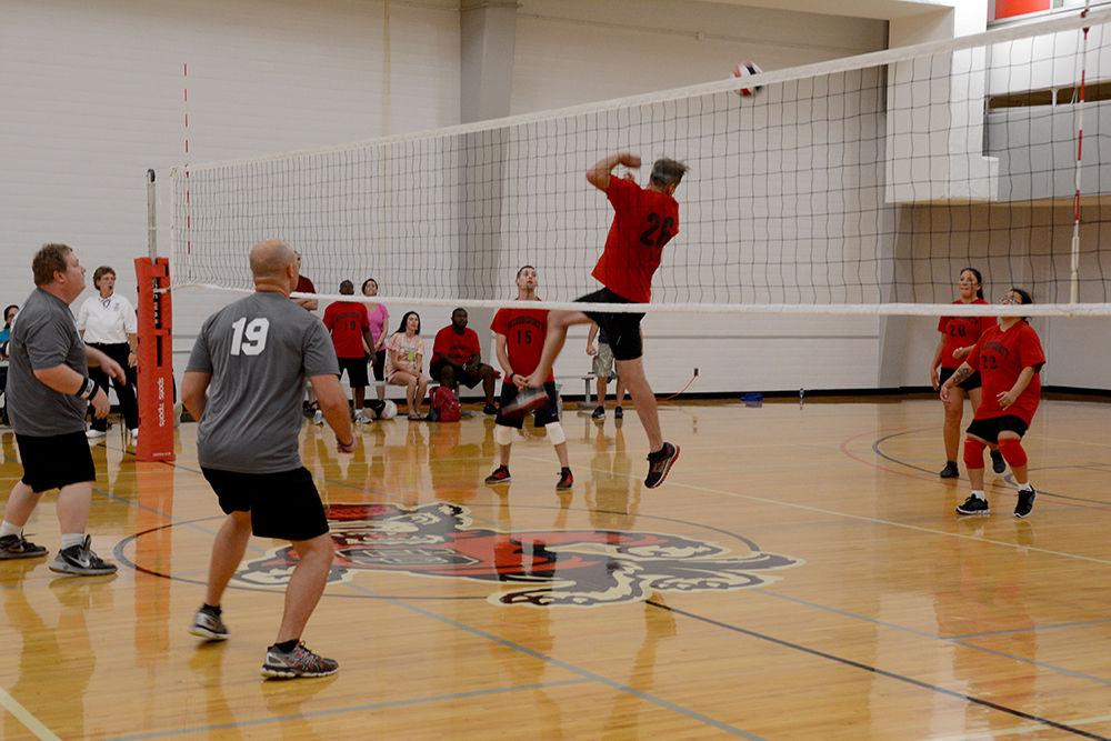 Tiger Posey from Wilkes County goes up for a block during a volleyball match between his team the Wilkes County Raptors and Cumberland County Troublemakers at Carmichael Gymnasium as part of the Special Olympics Saturday, Jun 3 2017. Volleyball was among several events taking place on campus during the Special Olympics Summer Games. The Olympics allow those with disabilities across North Carolina the chance to compete in various sporting events.