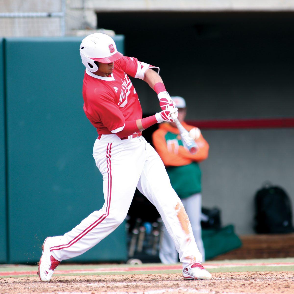 Junior infielder Joe Dunand connects with the ball during the 7-5 loss to Miami on March 19 on Doak Field.