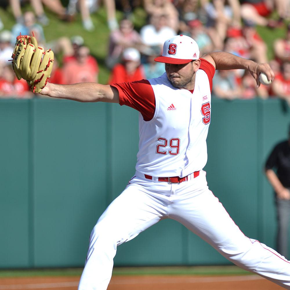 Sean Adler, a senior pitcher, winds up for a pitch against Austin Peay on Feb. 24 in Doak Field. The Wolfpack beat the Governors 9-3, making this their third win this season.